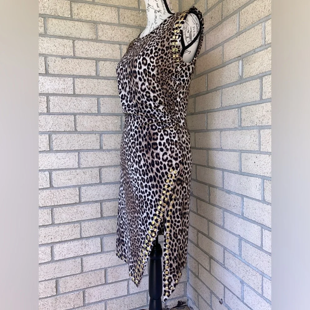 Michael Kors Side Slit Gold Studded Leopard Print Dress Side Ruched Dress